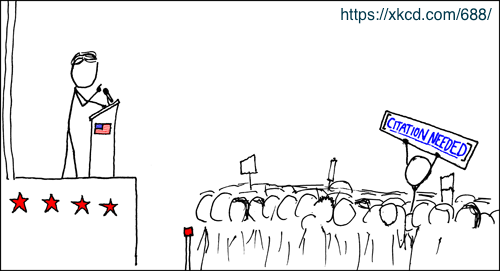 A cartoon of a politician speaking to a crowd and person in the crowd holding up a sign that says ''Citation needed''