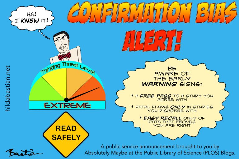 A cartoon public service announcement talking about the signs of confirmation bias. It lists three ''Early warning signs'', which are: A free pass to a study you agree with, fatal flaws only in studies you disagree with, and an easy recall only of data that proves you are right''
