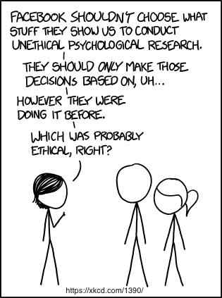 A one-panel comic showing a stick figure telling two other stick figures ''Facebook shouldn't choose what stuff they show us to conduct unethical psychological research. They should only make those decisions based on, uh... however they were doing it before. Which was probably ethical, right?''