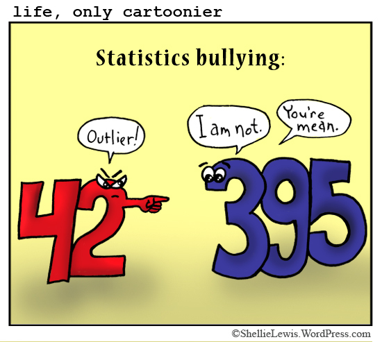 A carton titled ''Statistics bullying''. The number 42 is angrily pointing at the number 395, saying ''Outlier!'', with 395 saying ''I am not. You're mean.''