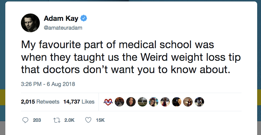 A social media post with the text, ''My favourite part of medical school was when they taught us the Weird weight loss tip that doctors don't want you to know about.'' Below are images of both alligators and crocodiles.